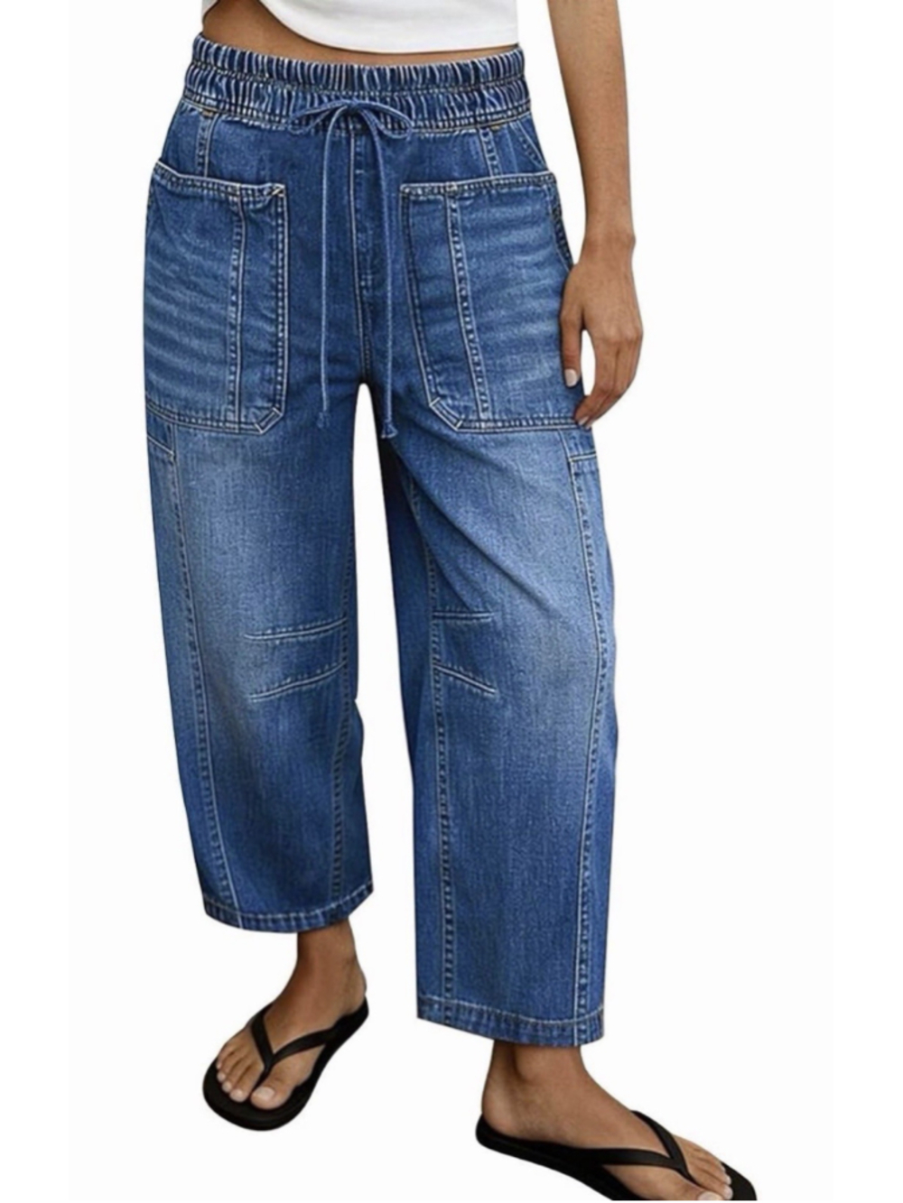 Flamingals Barrel Leg High Waist Drawstring Patch Pocket Jeans M
